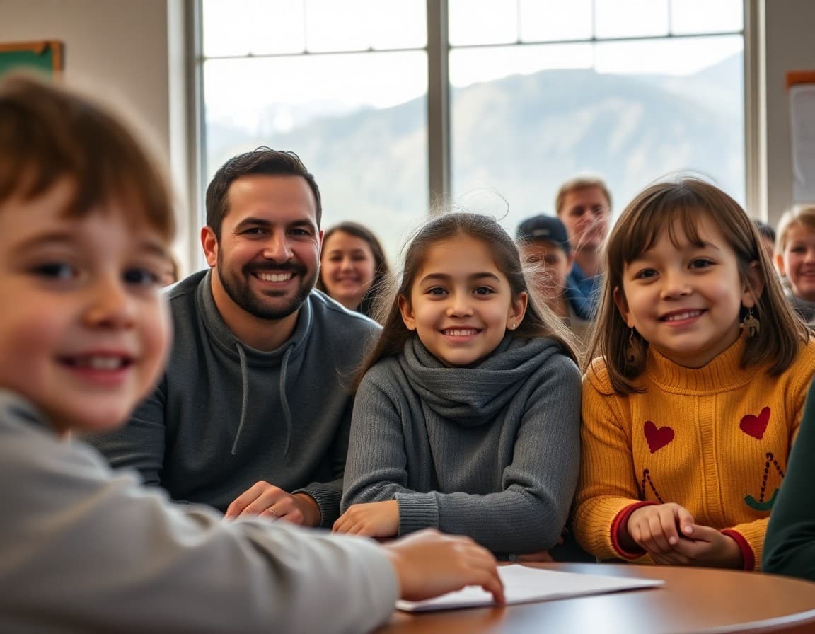 Montana multilingual family at school community event with mountains in background