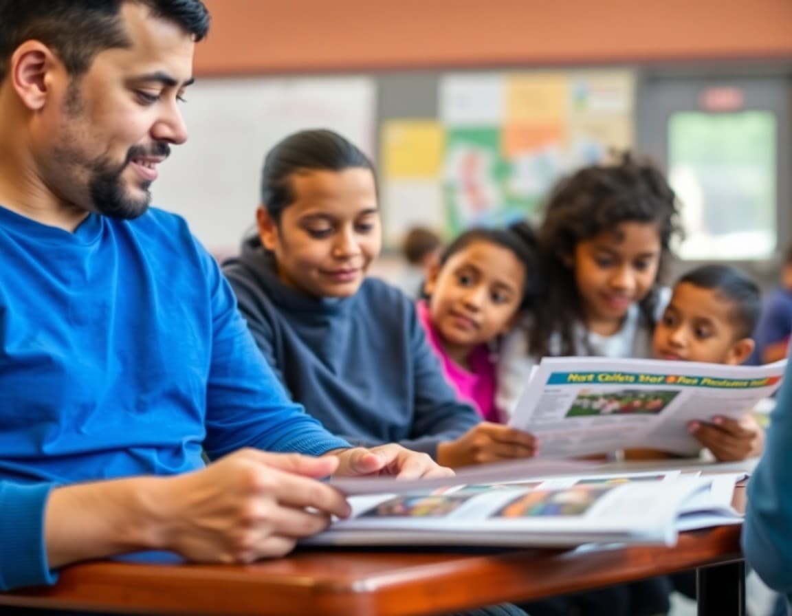 North Carolina ELL families at a school community event reviewing multilingual program newsletters
