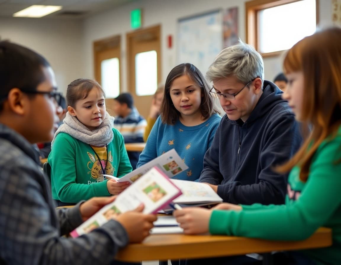 North Dakota ELL families at a school community event reviewing multilingual program materials