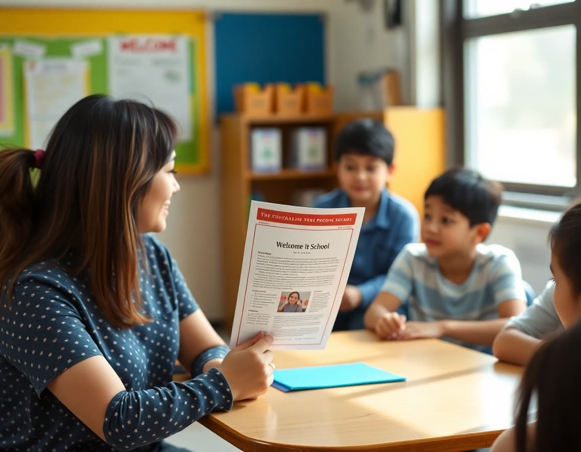 ELL coordinator showing multilingual school welcome newsletter to a new student family