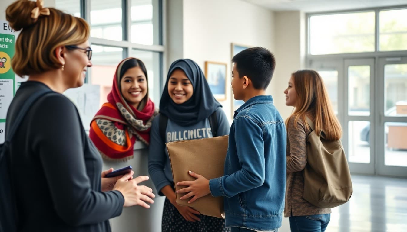 School counselor welcoming a newly arrived immigrant student and family at school front desk