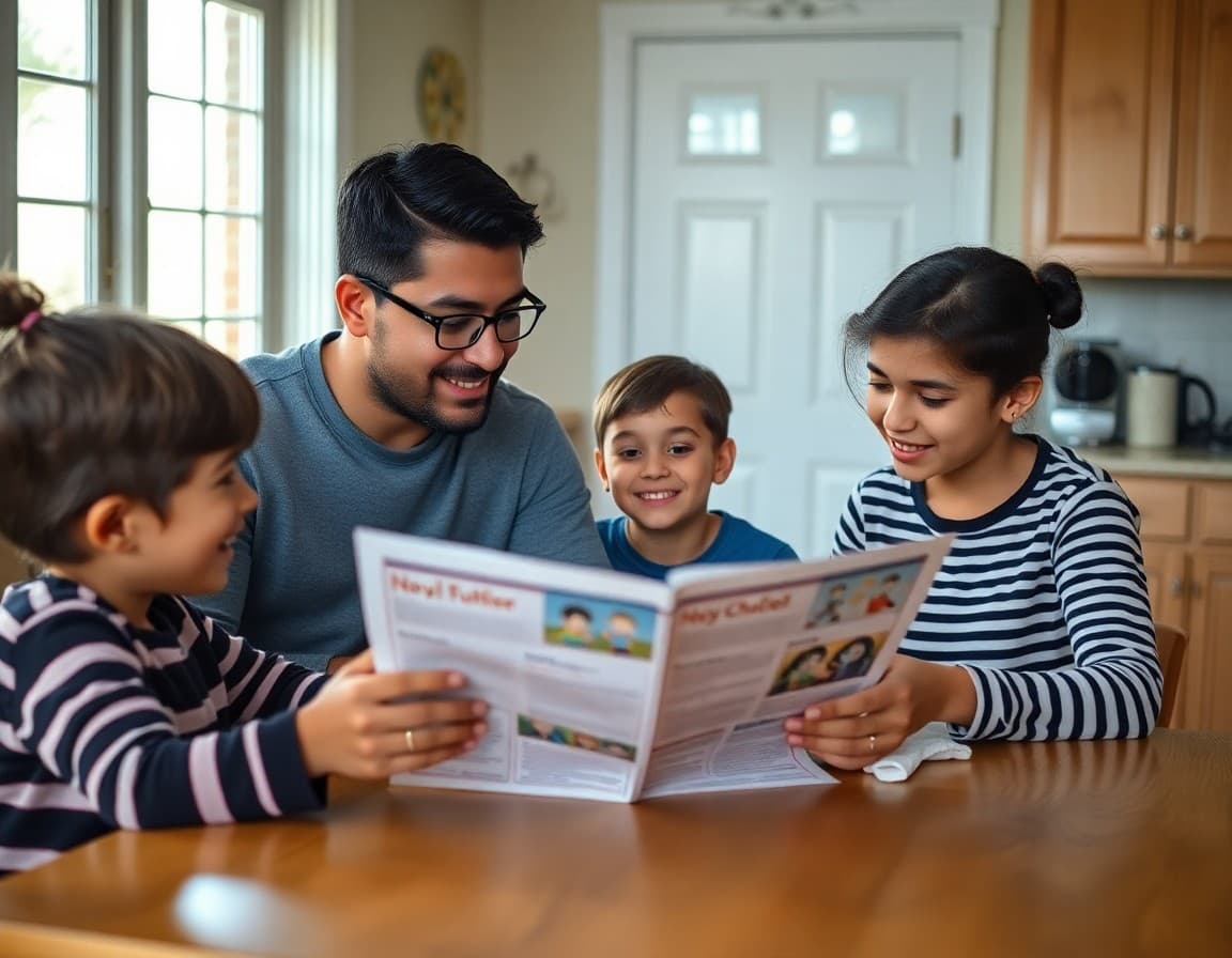 Multilingual family reading a school newsletter at a kitchen table in New Hampshire