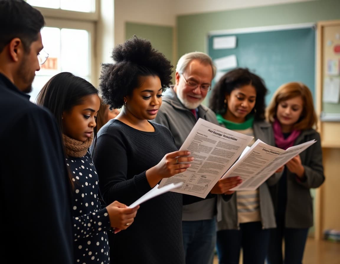Diverse New Jersey ELL families at a school parent night reviewing translated program newsletters