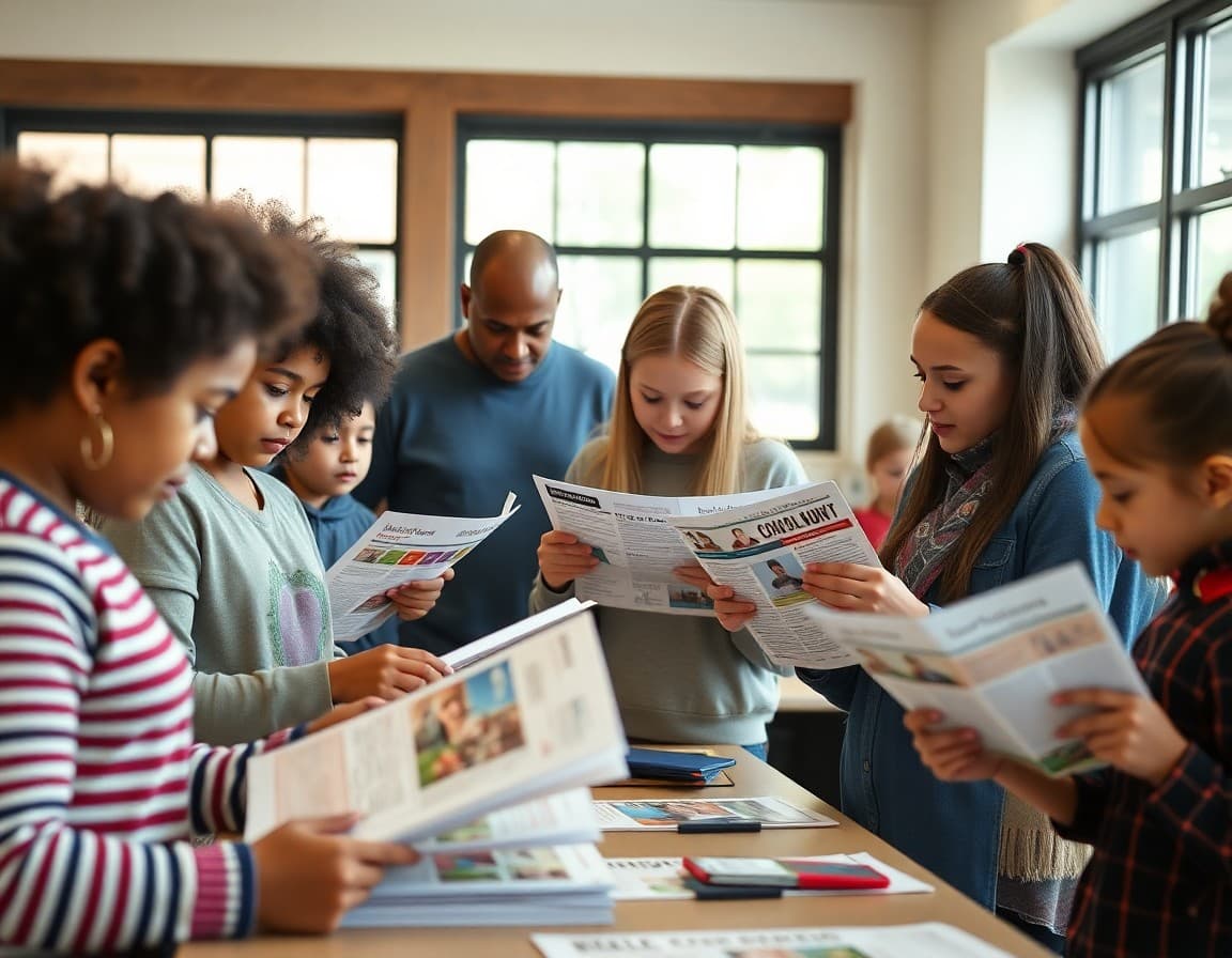Diverse New Jersey families reading school newsletters at a community event table