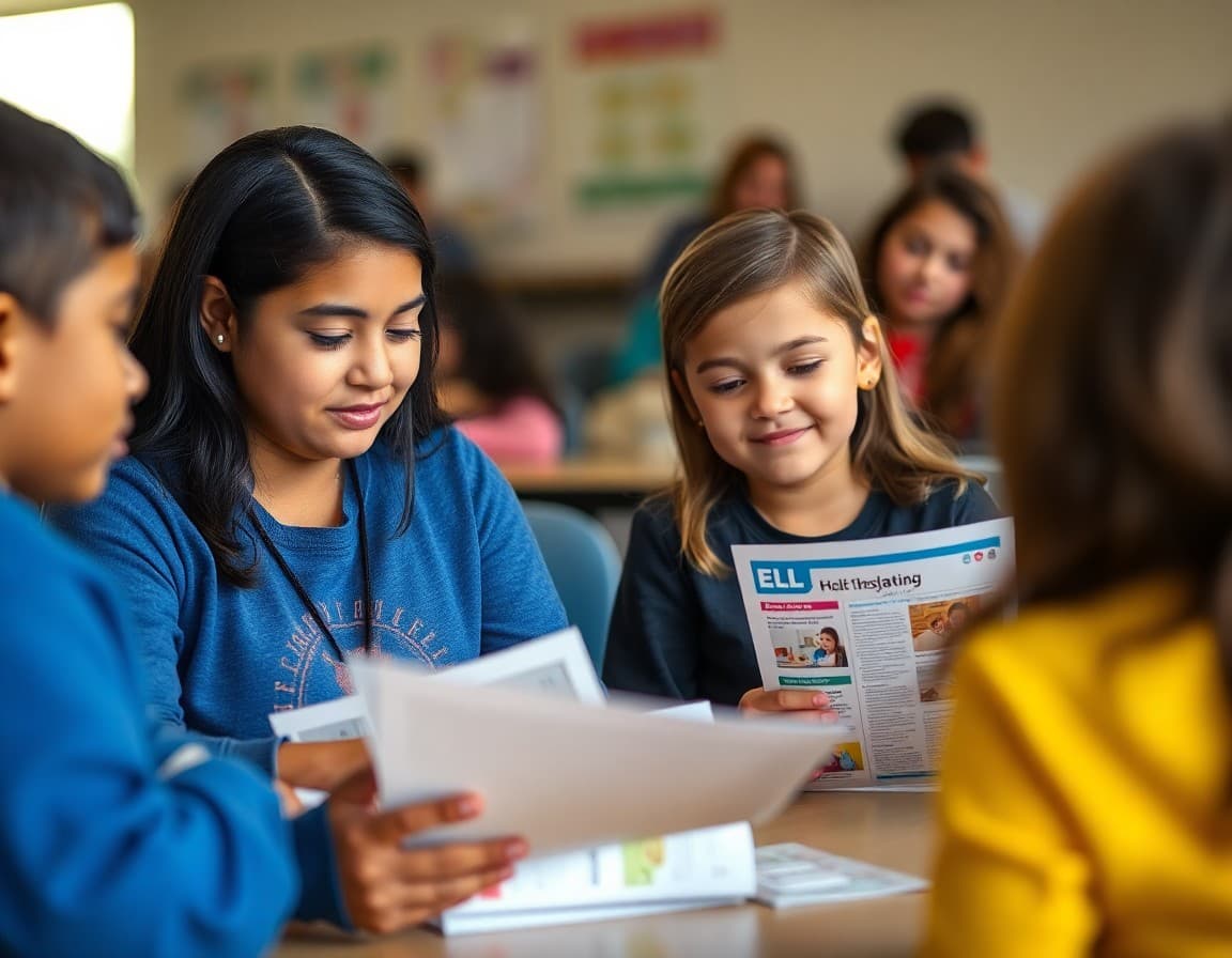 New Mexico ELL families at a school community event reviewing multilingual program newsletters
