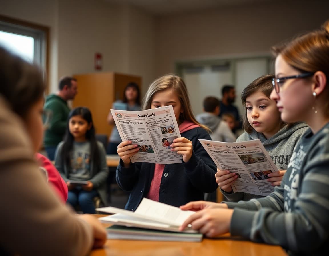 New Mexico ELL families at a school parent night reviewing bilingual program newsletters in Spanish and English