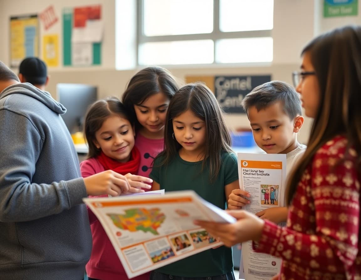 Nevada ELL families at a Clark County school community event reviewing multilingual newsletters