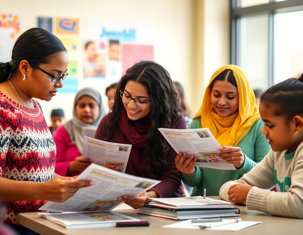 Diverse Nevada ELL families at a Las Vegas school parent event reviewing translated ELL program newsletters