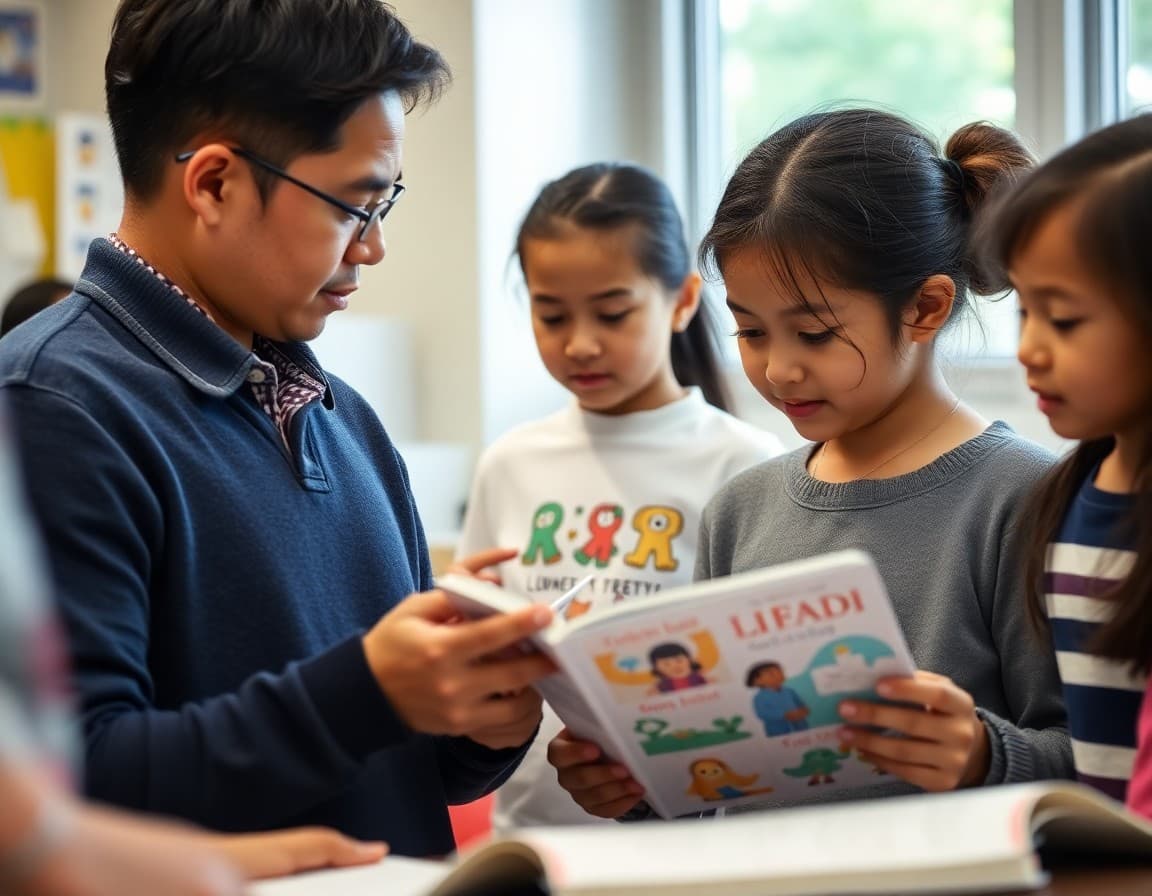 Multilingual families at a New York City school event reading bilingual school materials