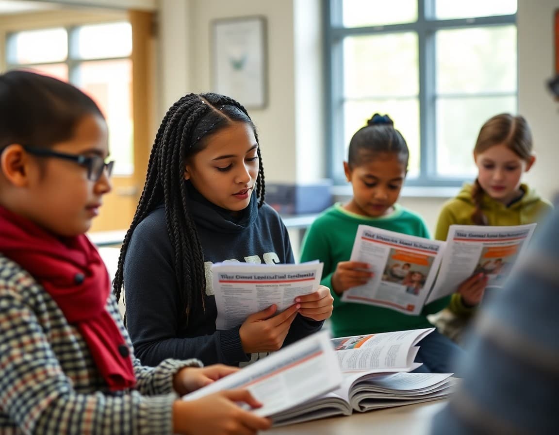 Ohio ELL families at a Columbus school community event reviewing multilingual program newsletters