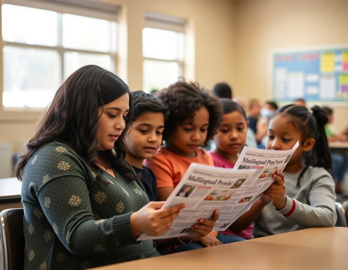 Oklahoma ELL families at a school community event reviewing multilingual program newsletters