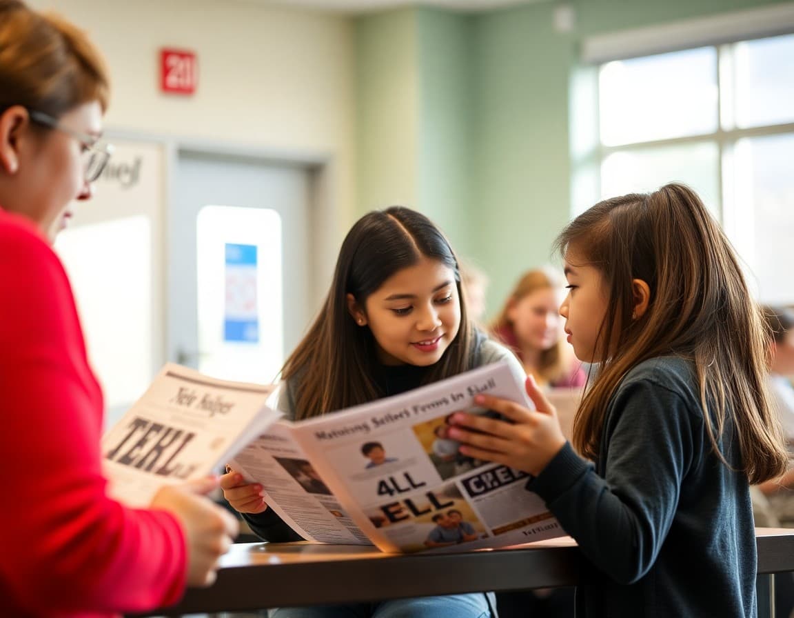 Oregon ELL families at a school community event reviewing multilingual program newsletters