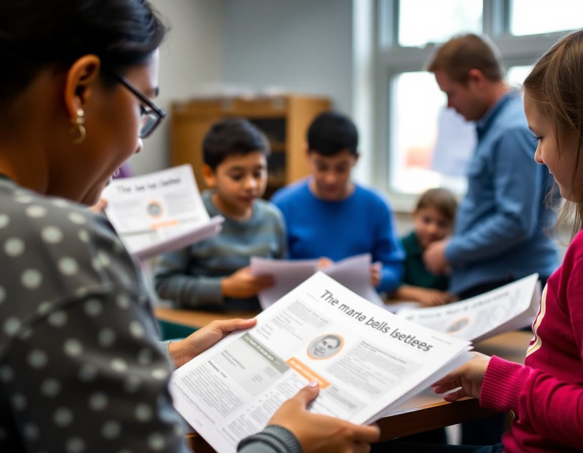 Pennsylvania ELL families at a school parent night reviewing translated program newsletters in Spanish