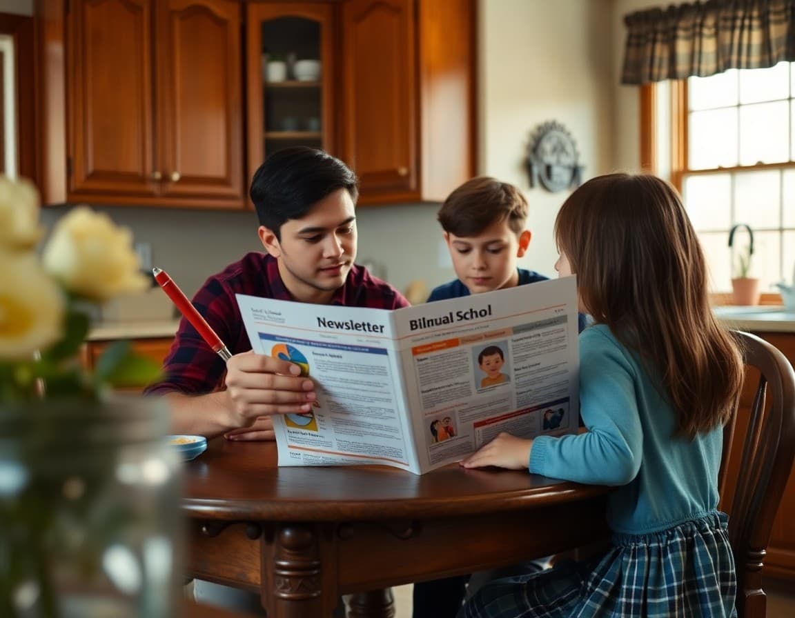 Multilingual family in Pennsylvania reading a bilingual school newsletter at their kitchen table