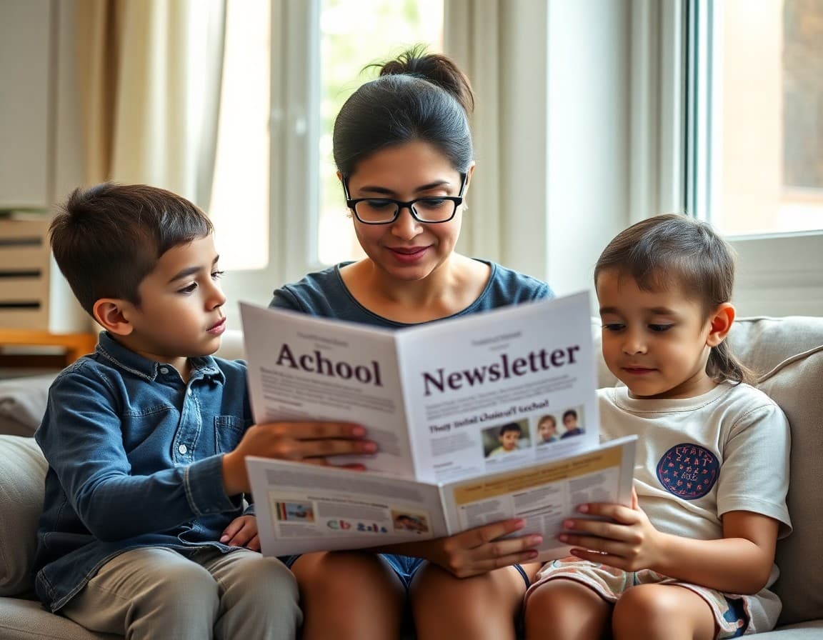 Portuguese-speaking parent reading translated school newsletter at home with children