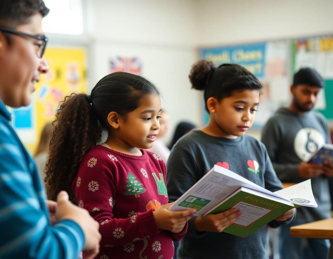 Rhode Island ELL families at a Providence school community event reviewing multilingual program materials