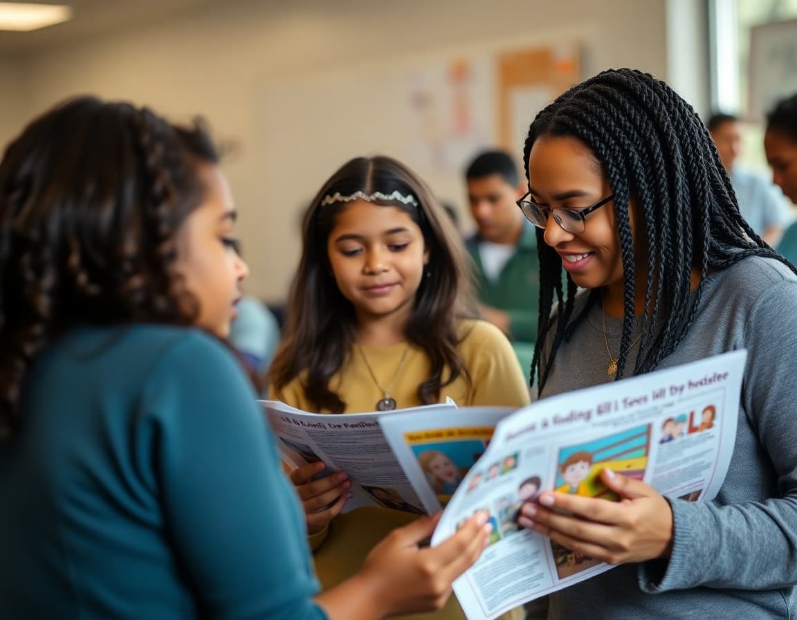 South Carolina ELL families at a school community event reviewing multilingual program newsletters