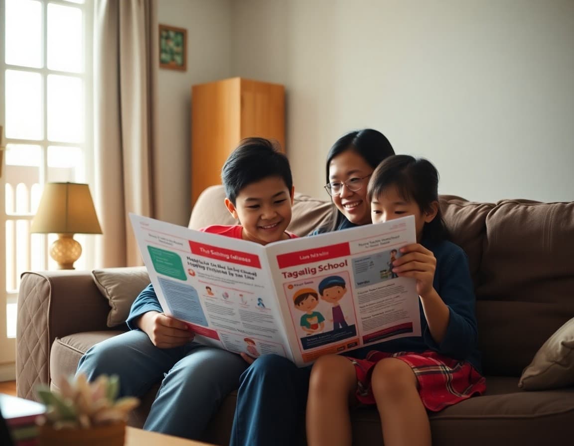 Filipino family reading Tagalog school newsletter together at home living room
