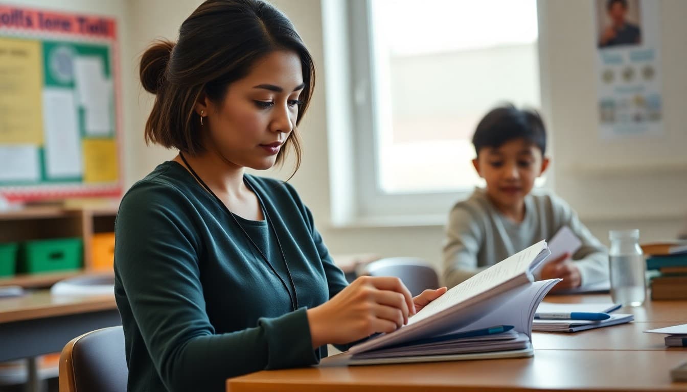 Teacher writing a newsletter that celebrates home language use in bilingual student families