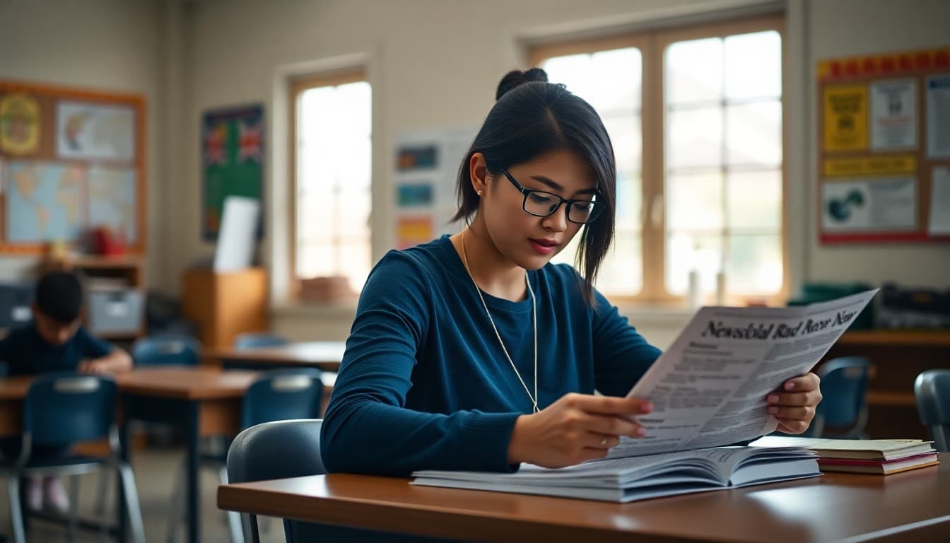 Teacher preparing a multilingual classroom newsletter for immigrant families at a desk