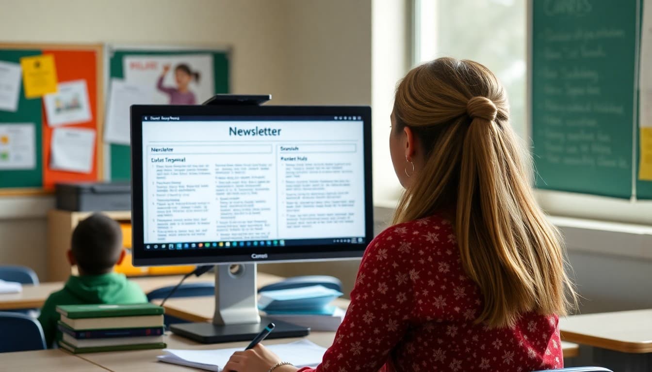 Teacher reviewing a bilingual translated newsletter with Spanish and English columns on her screen