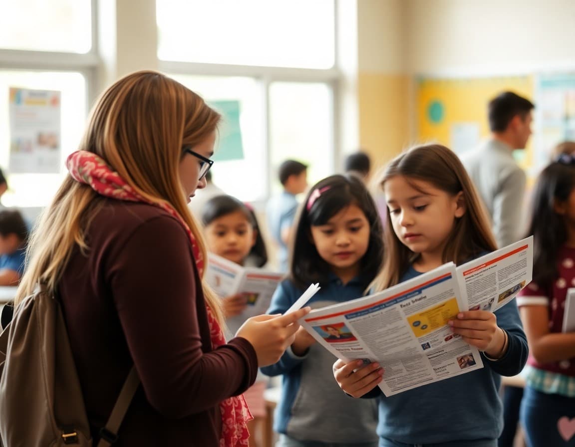 Texas ELL families at a school community event reviewing multilingual bilingual program newsletters