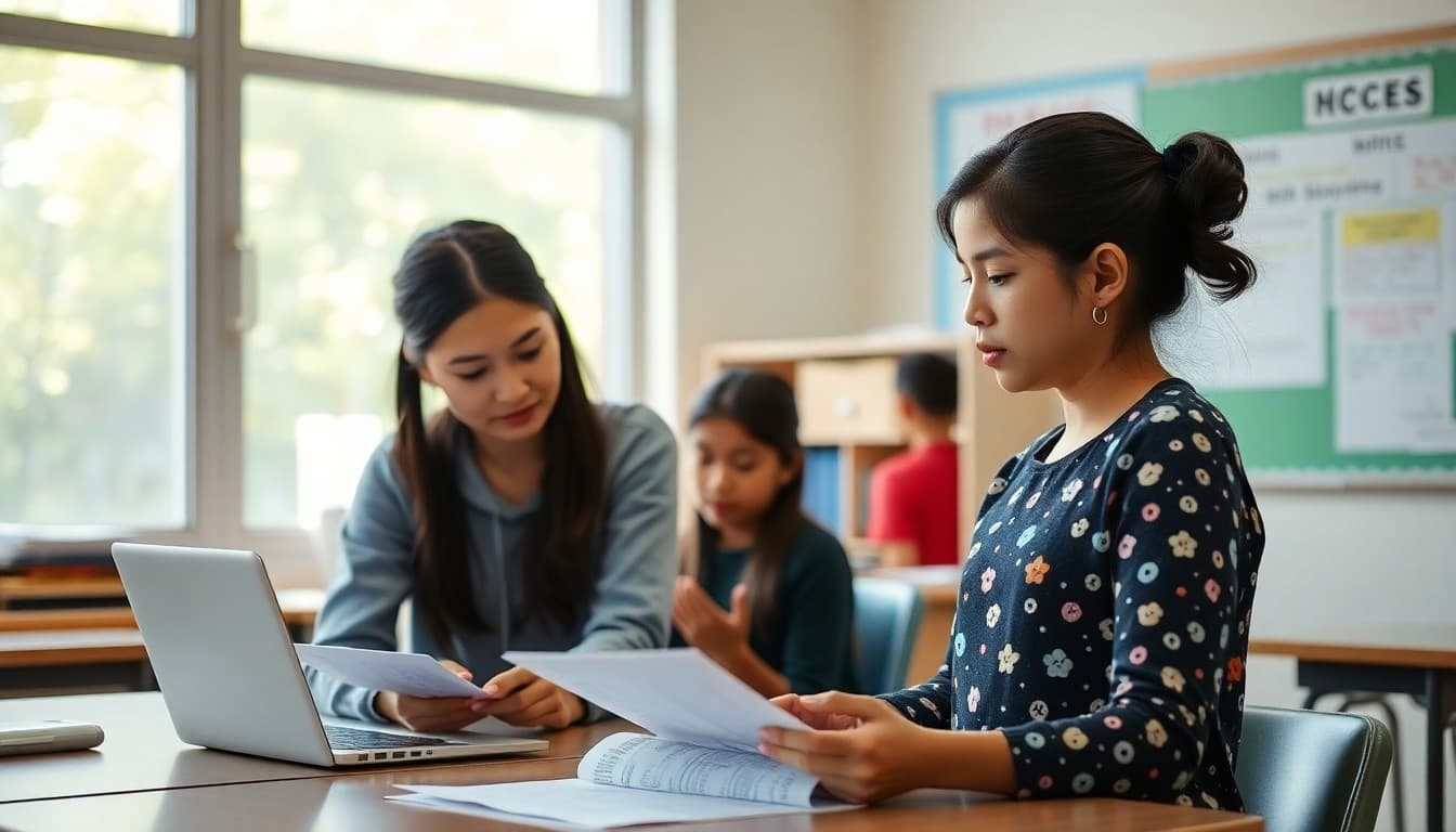 Texas bilingual teacher in Houston preparing Spanish and Vietnamese newsletters for diverse ELL families