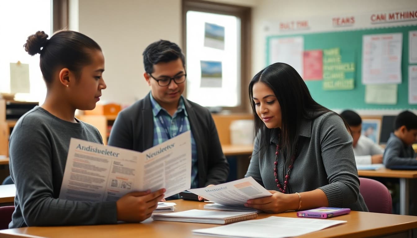Utah ELL teacher preparing bilingual newsletters for Spanish and Tongan families in a Salt Lake City school