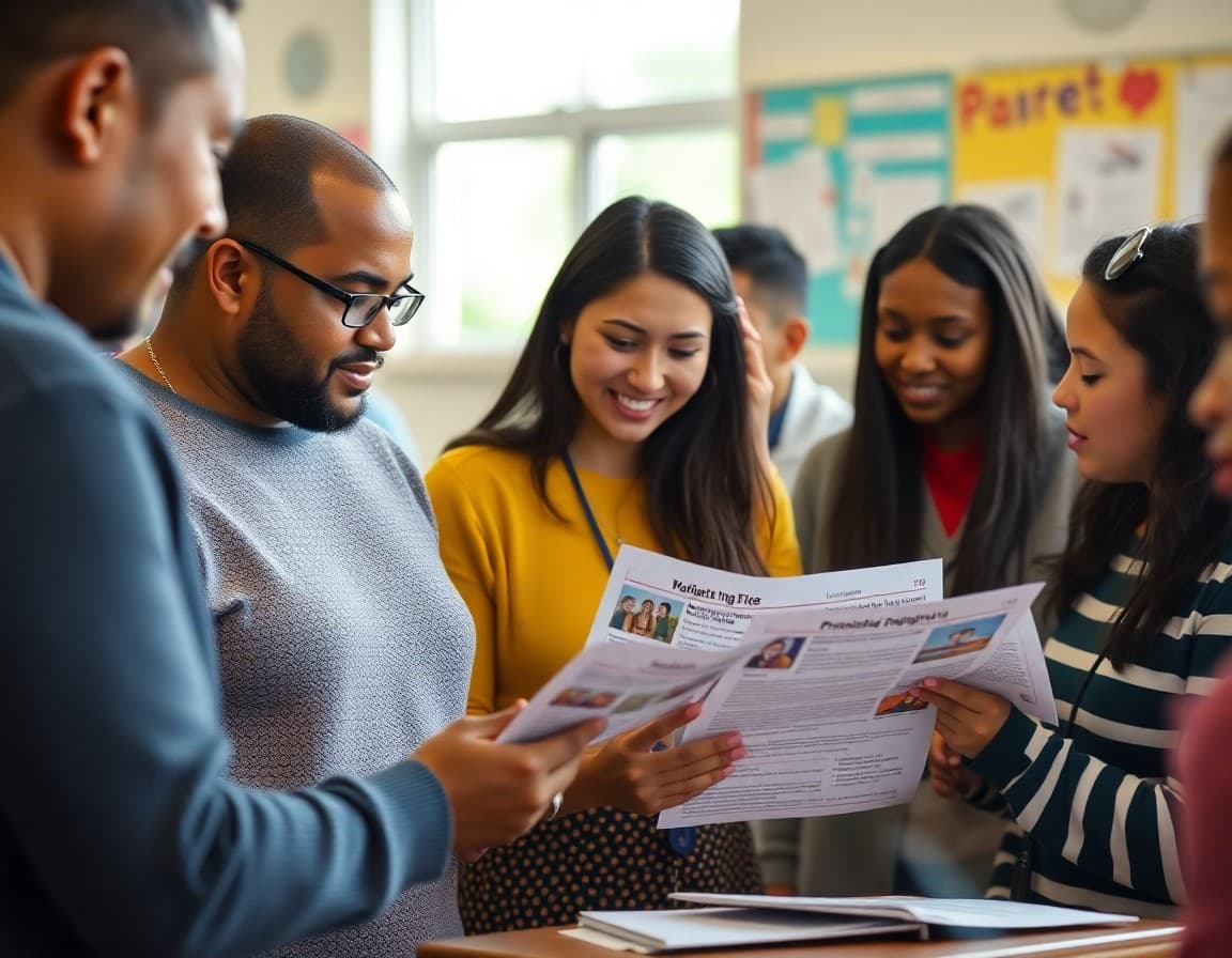 Diverse Washington state ELL families at a school parent event reviewing translated program newsletters