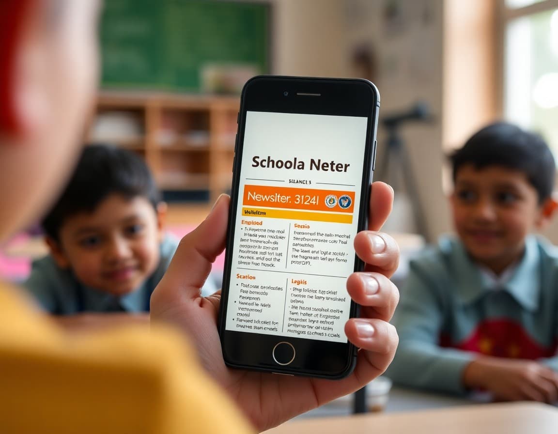 Bilingual school newsletter in English and Spanish displayed on a parent's phone screen