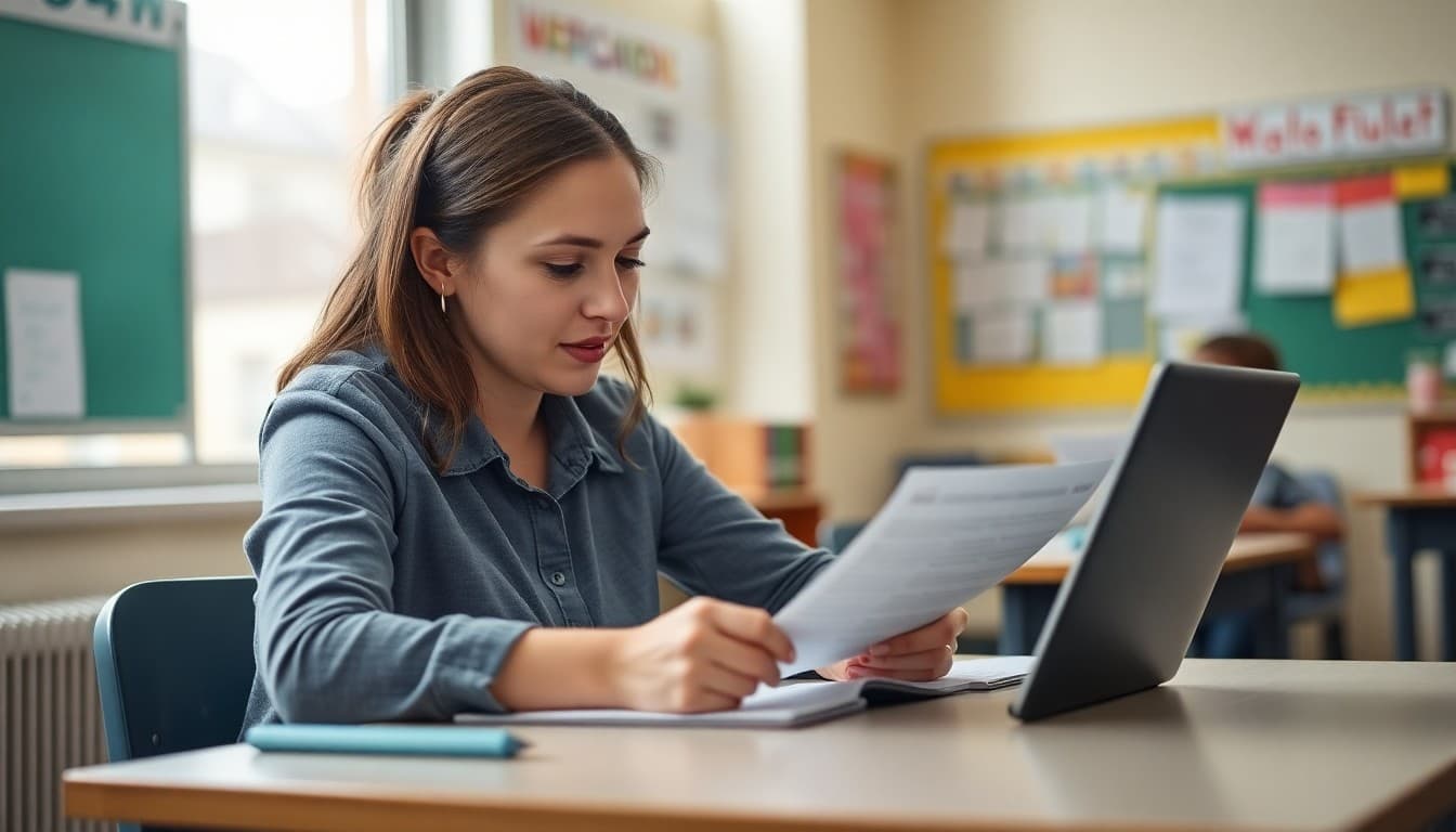 Teacher writing a heartfelt farewell newsletter to beloved classroom families at school desk