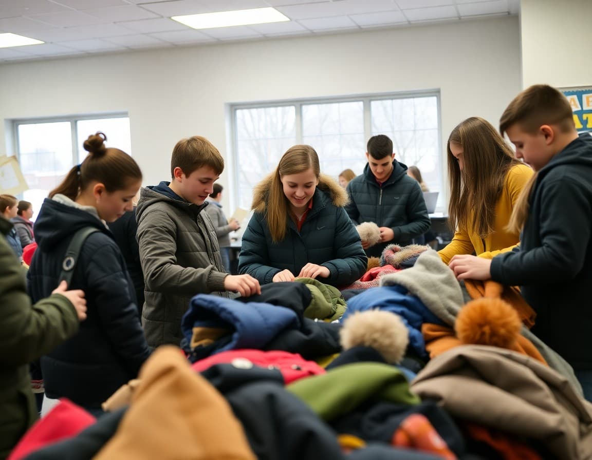 Students and volunteers sorting donated winter coats and jackets at school coat drive collection