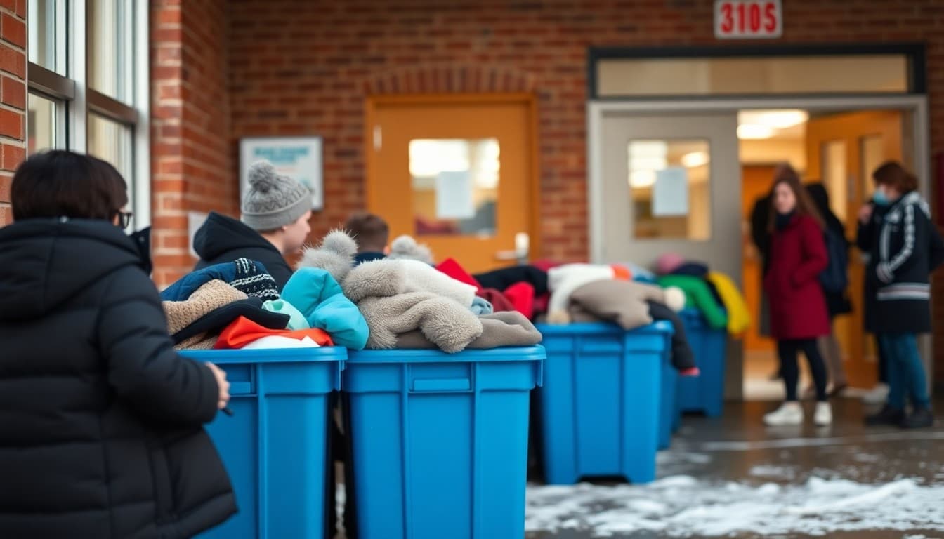 School collecting donated winter coats in bins near front entrance for coat drive community event
