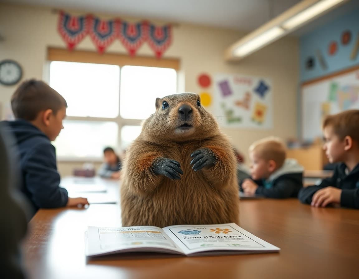 Groundhog Day school newsletter with weather science activity and February calendar