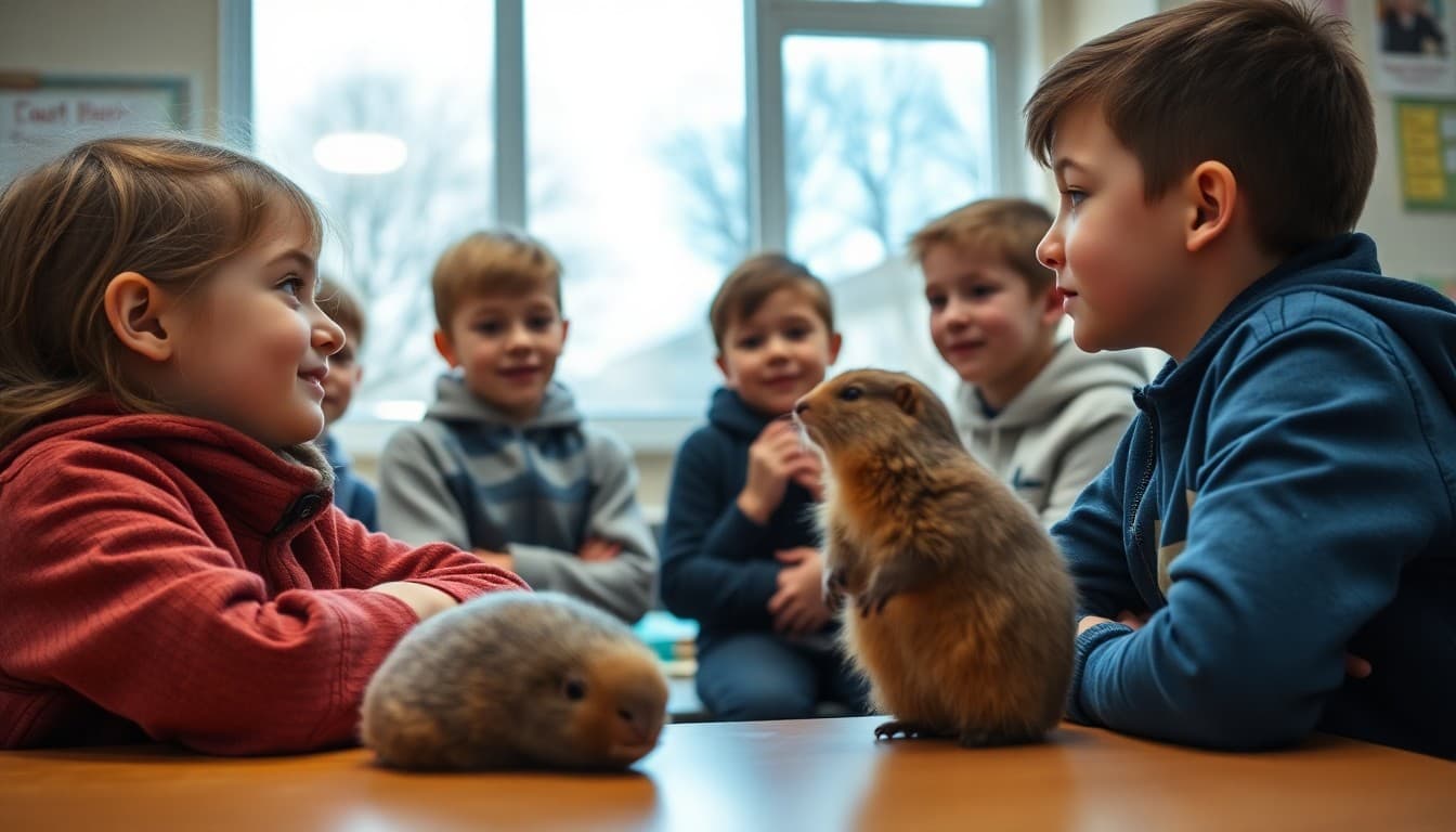 Students watching a Groundhog Day weather prediction activity in their classroom