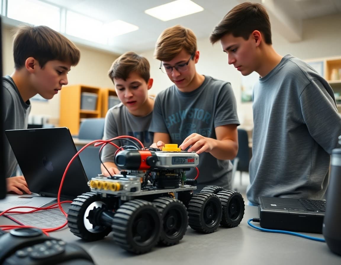 High school students programming and testing their competition robot in the school robotics lab before tournament