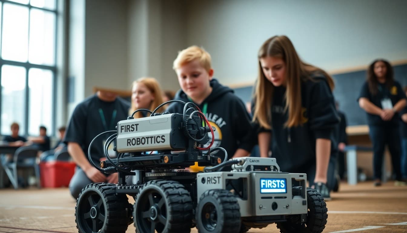 School robotics team at FIRST Robotics competition with their robot on the competition field