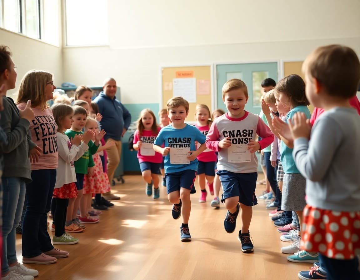 Elementary school students crossing finish line at school fun run fundraiser with families cheering
