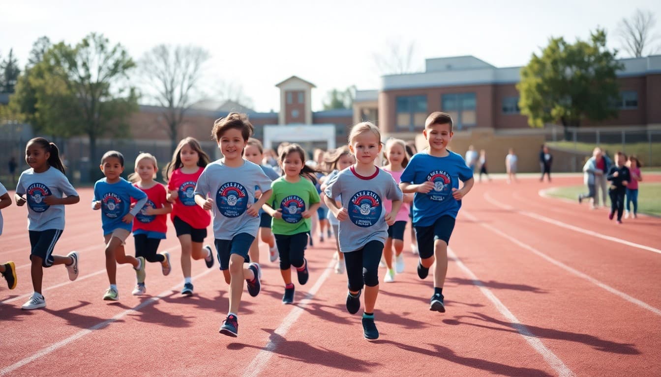 Students and families running and walking for school fundraiser event on school track
