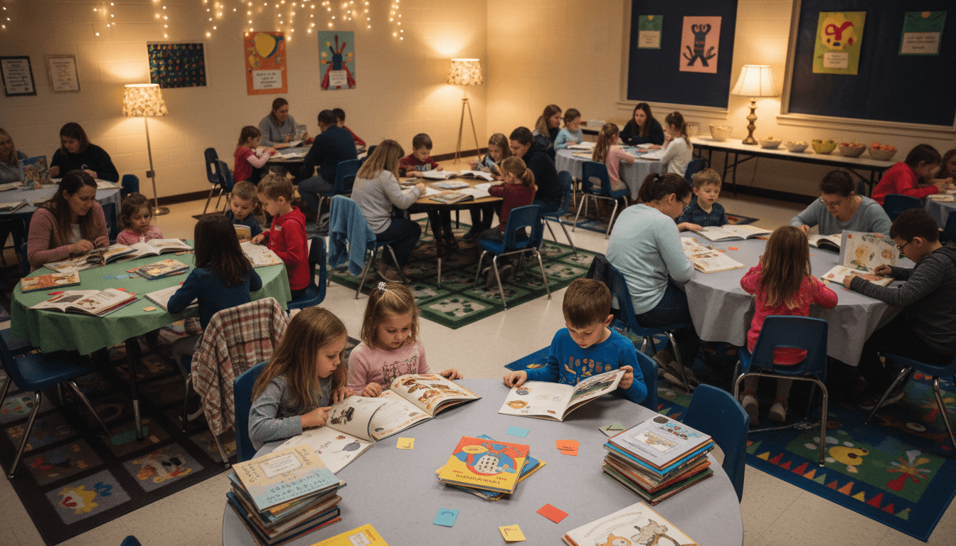 Parents and young children sitting on the floor of an elementary library reading picture books together