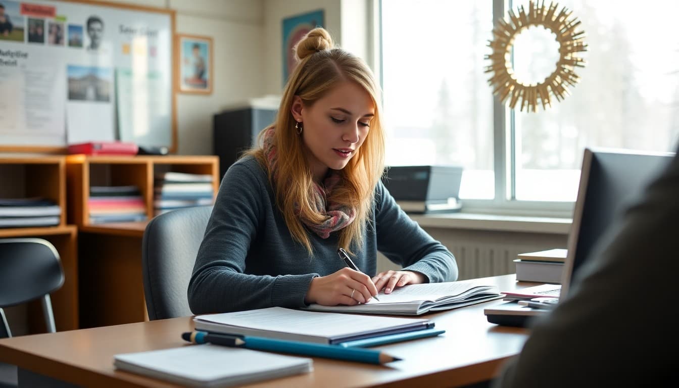 Alaska gifted education coordinator writing program newsletter at desk in winter light