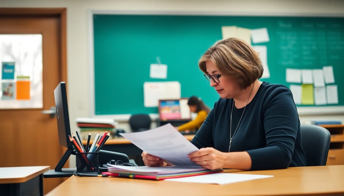 Alabama gifted program coordinator preparing family newsletter at school desk in fall