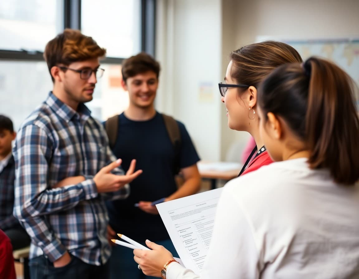 Teacher explaining AP exam format and scoring rubric to high school students