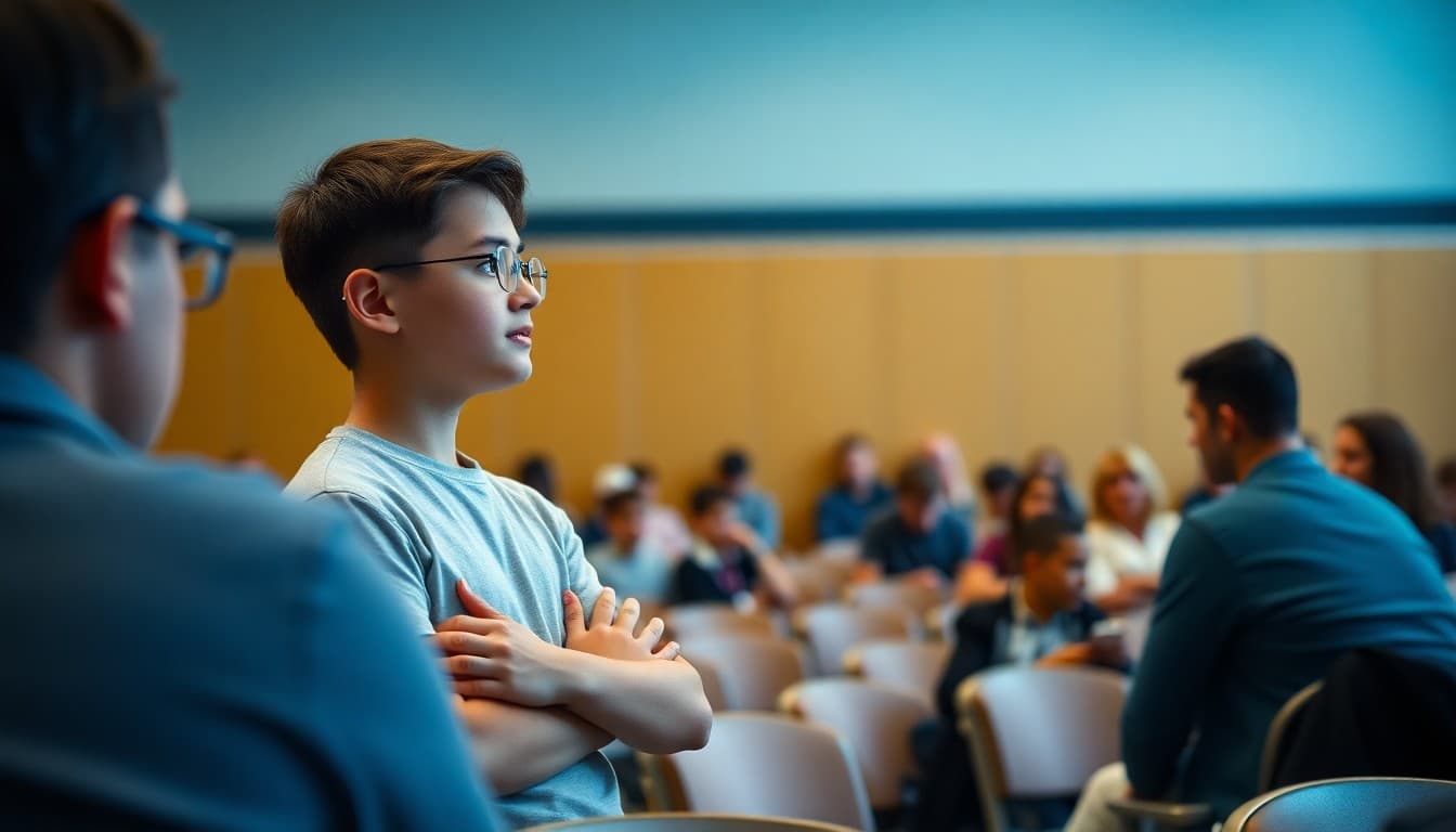 Gifted student presenting a capstone project to a panel of judges and parents in a school auditorium in spring