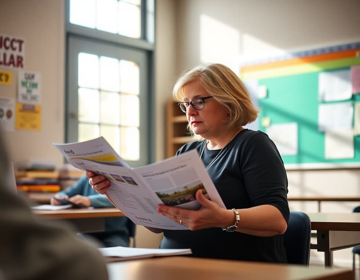 Gifted program teacher reviewing curriculum materials and newsletter content for August
