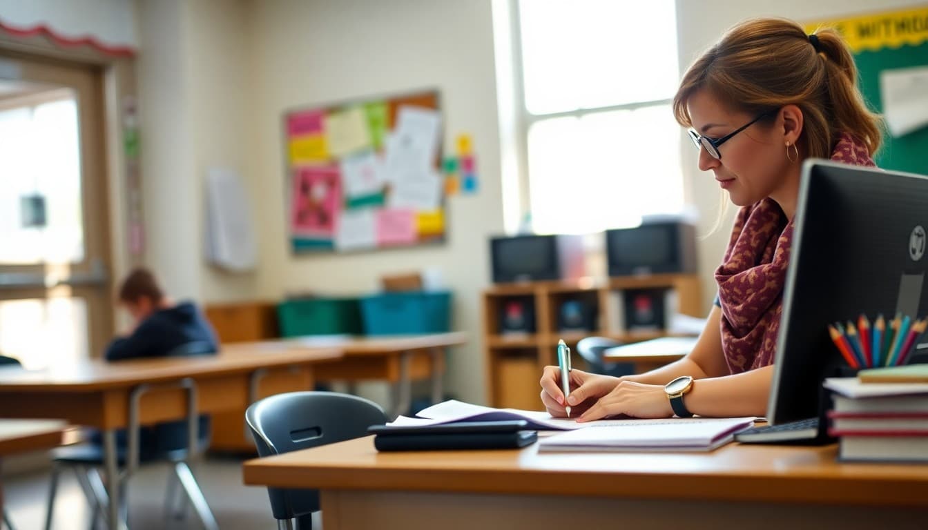Gifted education teacher writing August newsletter at desk in enrichment classroom