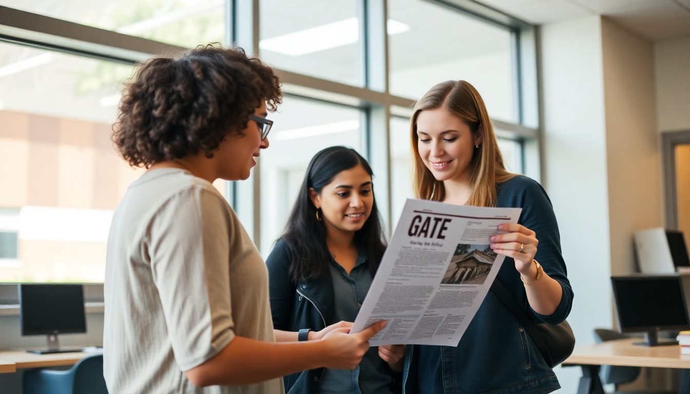 California GATE program coordinator reviewing newsletter draft at a modern school office