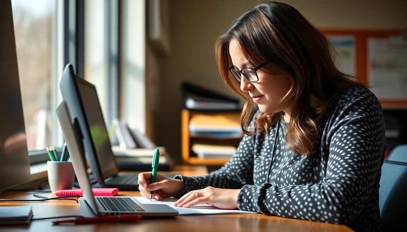 Colorado gifted education coordinator writing Advanced Learning Plan update newsletter at desk