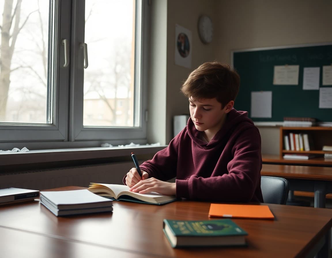 Advanced student writing in a journal at a desk with reference books and a winter scene outside the window