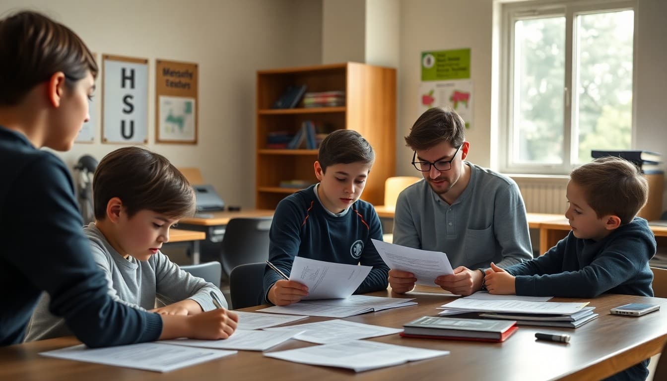 Gifted students preparing competition materials on a table with research papers and a coach reviewing their work